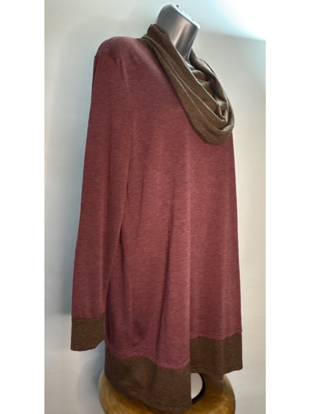 Women's Cowl Neck Scarf Pullover Blouse Turtleneck Burgundy Elbow Patches Tunic - Picture 3 of 16